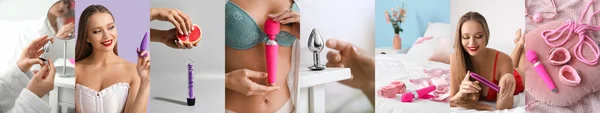 Colagem Mulher Jovem Com Brinquedos Sex Shop — Fotografia de Stock