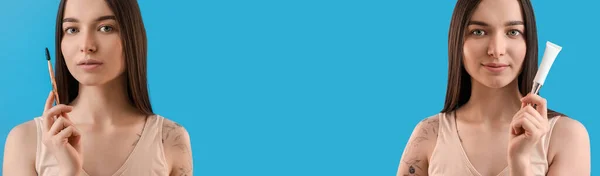 Jovem Com Cosméticos Escova Fundo Azul Banner Para Design — Fotografia de Stock