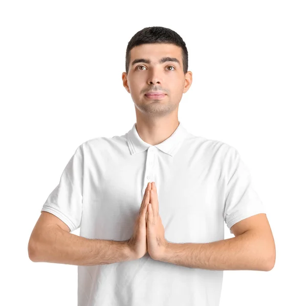 Young Guy Meditating White Background — Fotografia de Stock