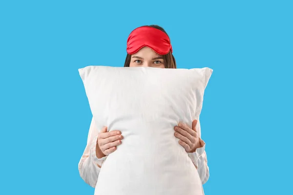 Young Woman Sleeping Mask Soft Pillow Blue Background — Stock Photo, Image