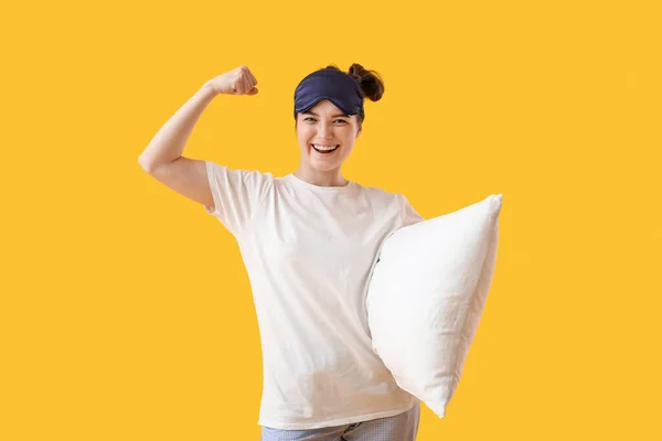 Happy Young Woman Sleeping Mask Soft Pillow Yellow Background — Stock Photo, Image