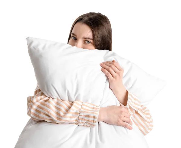 Young Woman Soft Pillow White Background — Stock Photo, Image