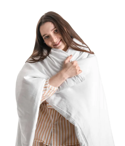 Young Woman Soft Blanket White Background — Stock Photo, Image