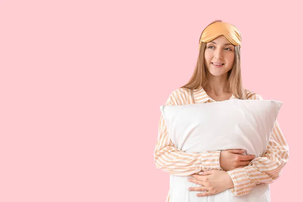 Young Woman Sleeping Mask Soft Pillow Pink Background —  Fotos de Stock