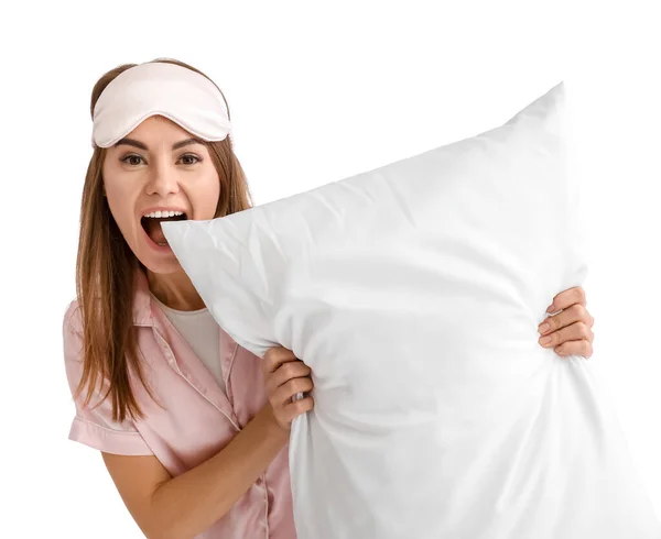 Beautiful Woman Pajamas Pillow Shouting Light Background — Stock Photo, Image