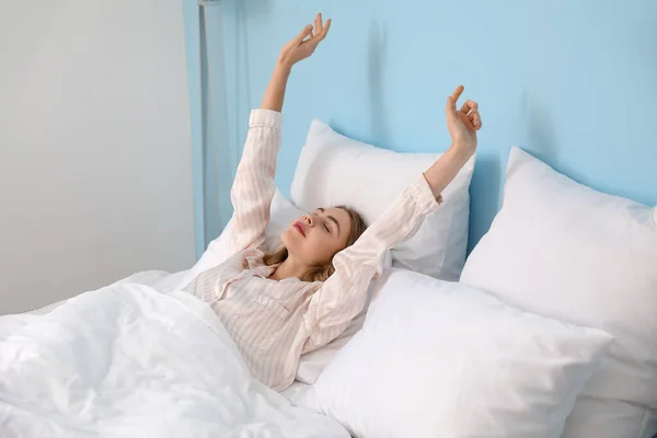 Morning Young Woman Waking Bed Home — Stock Photo, Image