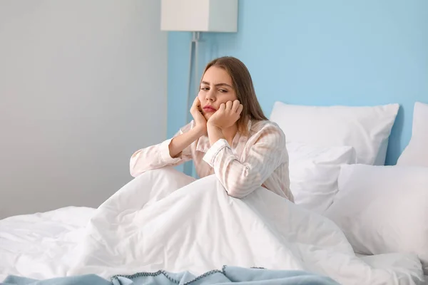 Upset Young Woman Sitting Bed Home Morning — Stock Photo, Image