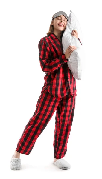 Young Woman Checkered Pajamas Pillow White Background — Stockfoto