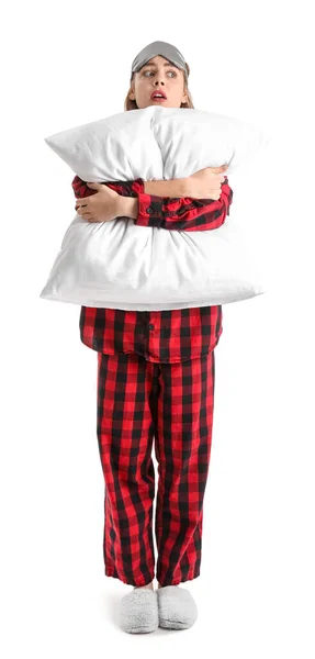 Bezorgde Jonge Vrouw Geruite Pyjama Met Kussen Witte Achtergrond — Stockfoto