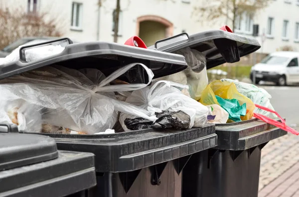 stock image View of garbage containers with trash in city, closeup