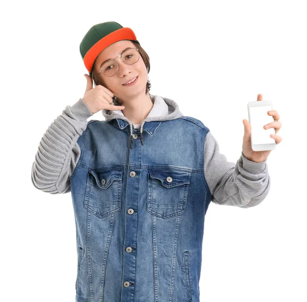 Adolescente Legal Com Telefone Celular Mostrando Gesto Chame Fundo Branco — Fotografia de Stock