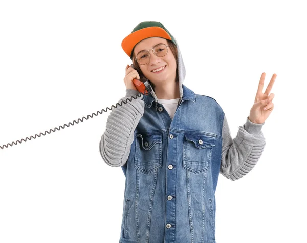 Cool Tonåring Pojke Talar Telefon Vit Bakgrund — Stockfoto