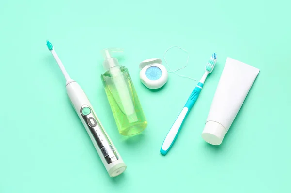 Set Oral Hygiene Turquoise Background — Stock Photo, Image