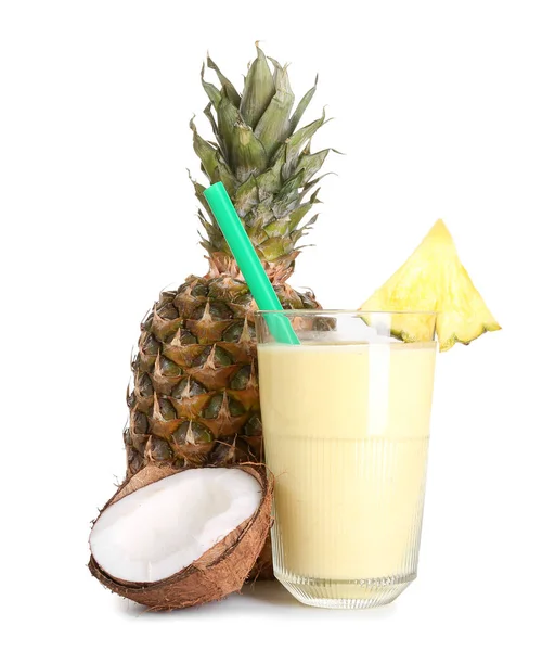 Glas Lekkere Ananas Smoothie Stro Kokosnoot Witte Achtergrond — Stockfoto