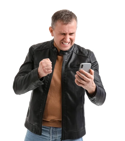 Angry Mature Man Mobile Phone Video Chatting White Background — Stock Photo, Image