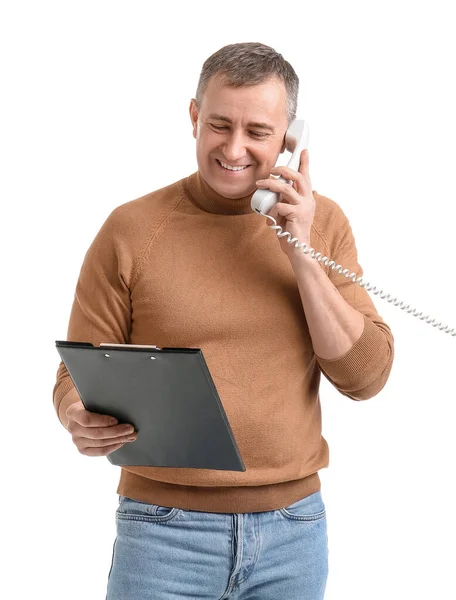 Mature Man Clipboard Talking Telephone White Background — Stock Photo, Image