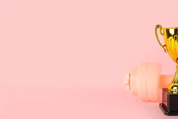 Gold Cup Dumbbell Pink Background — Stock Photo, Image