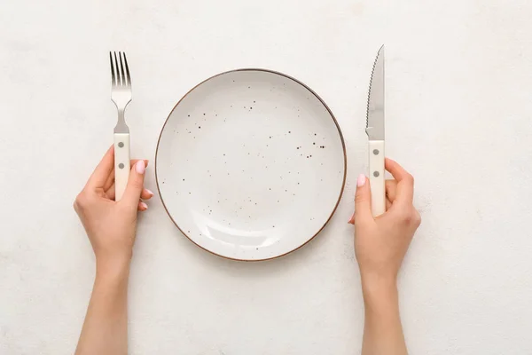 Female Hands Cutlery Empty Plate White Table — Stock Photo, Image