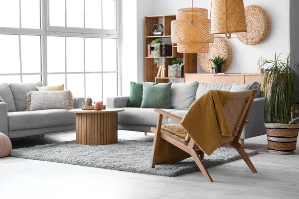 Interior Stylish Living Room Cozy Grey Sofas Armchair Coffee Table — Stock Photo, Image