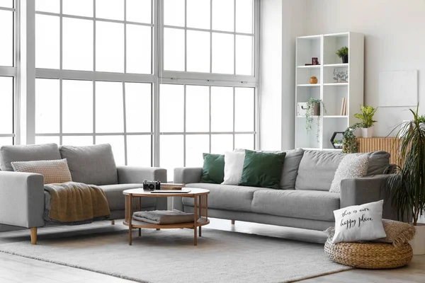 Interior Bright Living Room Cozy Grey Sofas Coffee Table — Stock Photo, Image