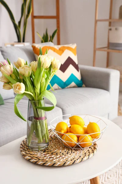 Vase Beautiful Tulip Flowers Lemons Coffee Table Interior Living Room — Stock Photo, Image