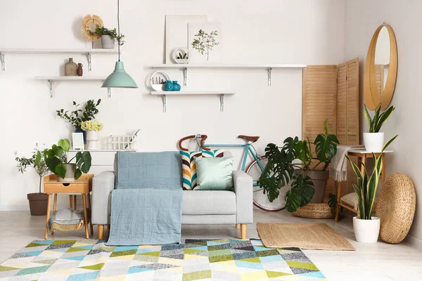 Interior Stylish Living Room Cozy Grey Sofa — Stock Photo, Image
