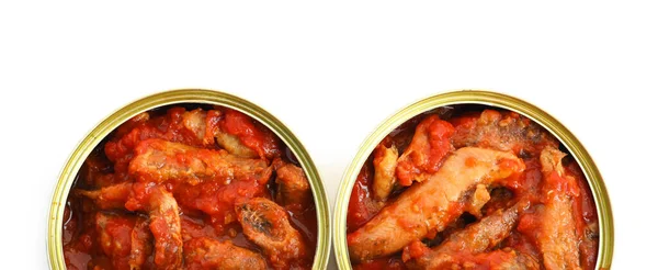 Opened Tin Cans Fish Tomato Sauce Isolated White Background — Stock Photo, Image