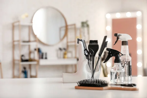 Different Hairdressing Tools Table Beauty Salon — Stock Photo, Image