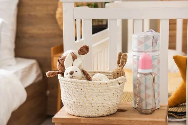 Baby Bottle Toys Stool Bedroom Closeup — Stock Photo, Image