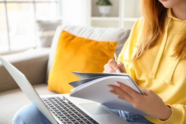 Female Student Studying Notebook Laptop Home Closeup — Stock Photo, Image