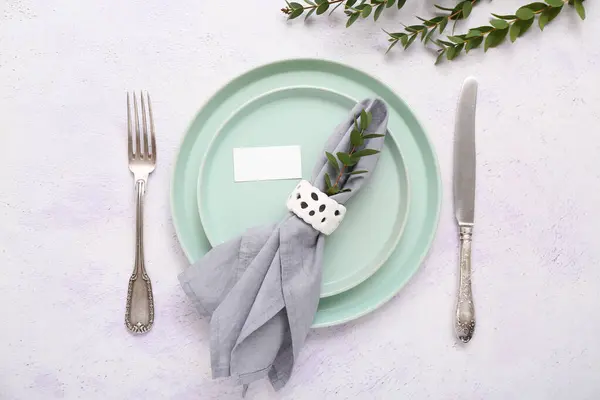 Stylish Table Setting Folded Napkin Blank Card White Tile Background — Stock Photo, Image