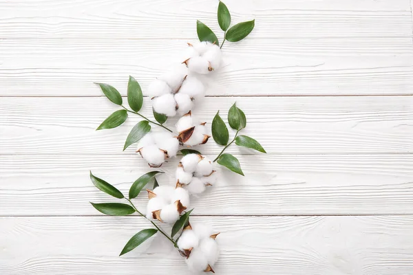 stock image Cotton flowers and plant twigs on white wooden background