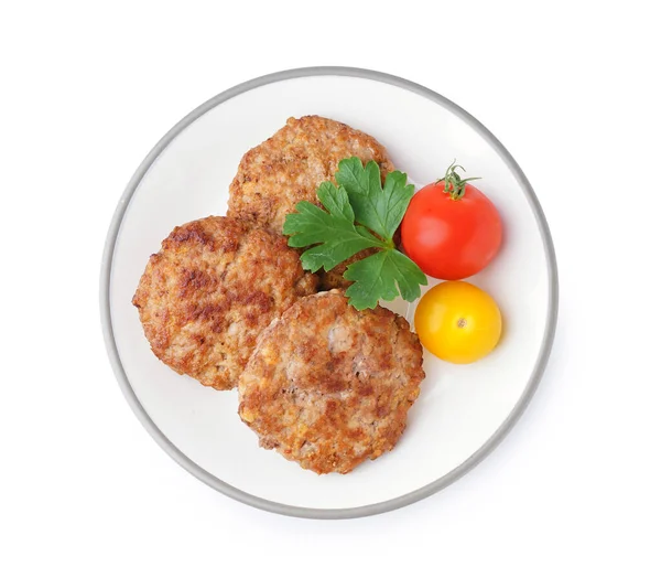 Plate Cutlets Parsley Tomatoes White Background — Stock Photo, Image