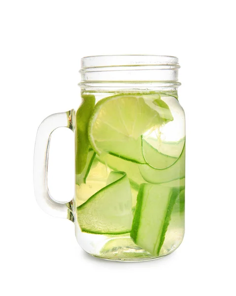 Mason Jar Infused Water Sliced Cucumber Lime White Background — Stock Photo, Image