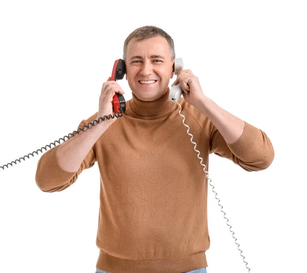 Mature Man Phone Receivers White Background Stock Picture