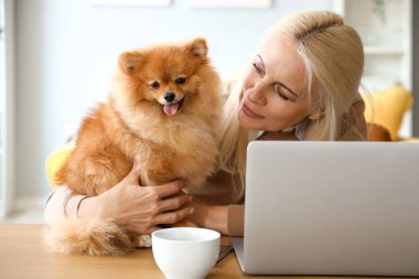 Masasında Pomeranya köpeği olan olgun bir kadın.