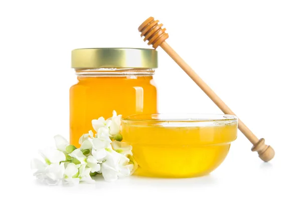 Jar Bowl Honey Flowers Acacia White Background — Stock Photo, Image