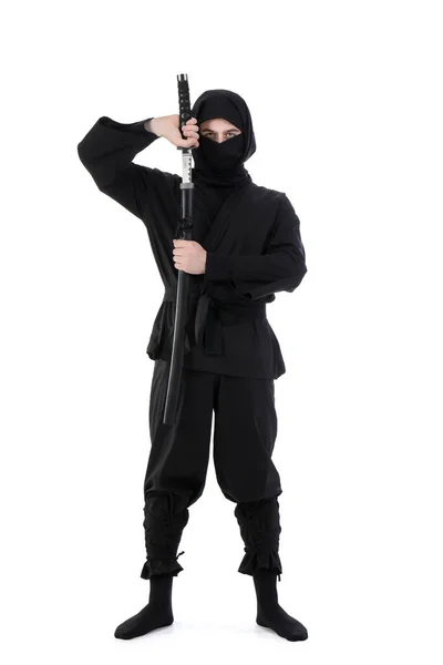 Férfi Ninja Karddal Fehér Háttér — Stock Fotó
