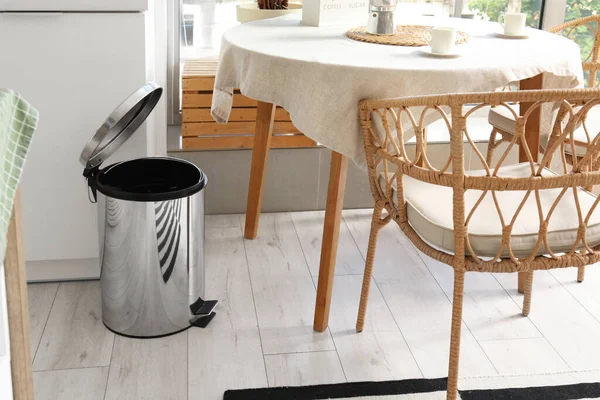 Opened Metallic Trash Bin Table Interior Modern Kitchen — Stock Photo, Image