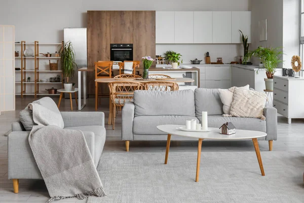 Interior Light Open Plan Kitchen Grey Sofas Coffee Table — Stock Photo, Image