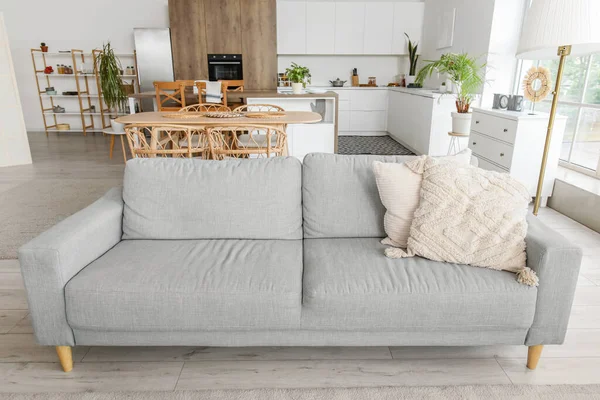 Interior Light Open Plan Kitchen Grey Sofa — Stock Photo, Image