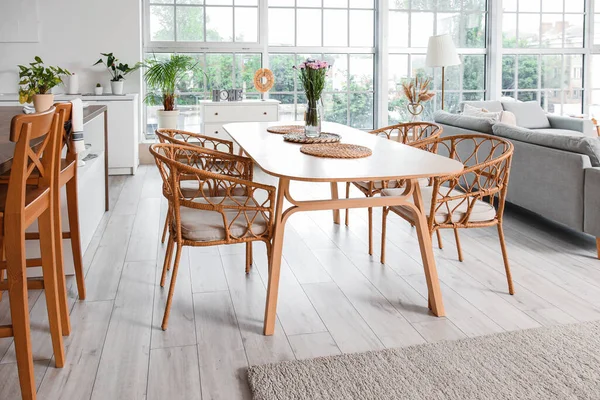 Interior Light Open Plan Kitchen Dining Table Grey Sofa — Stock Photo, Image