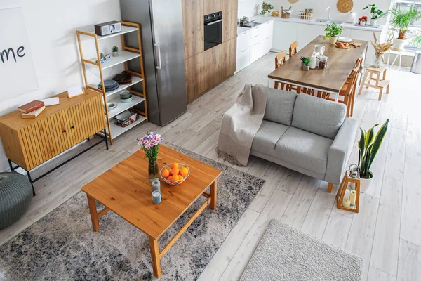 Interior Light Open Plan Kitchen Fridge Grey Sofa — Stock Photo, Image