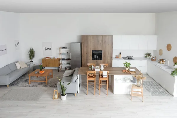 Interior Light Open Plan Kitchen Island Table Grey Sofas — Stock Photo, Image