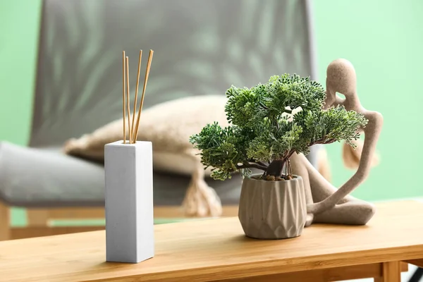 Bottle Reed Diffuser Houseplant Table — Stock Photo, Image