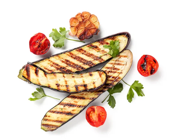 Delicious Grilled Eggplants Garlic Tomatoes White Background — Stock Photo, Image