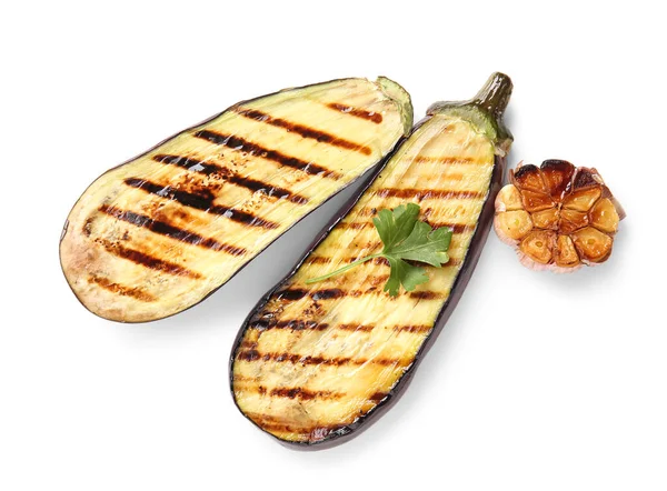 Beyaz Arka Planda Lezzetli Izgara Patlıcan Sarımsak — Stok fotoğraf