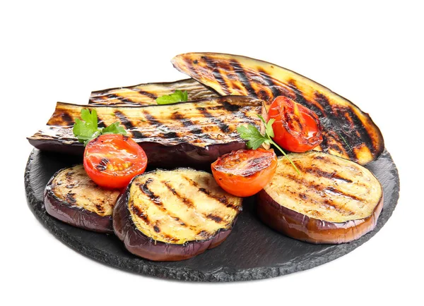 Slate Plate Delicious Grilled Eggplants Tomatoes White Background — Stock Photo, Image