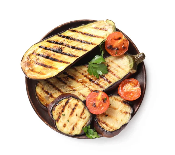 Plate Delicious Grilled Eggplants Tomatoes White Background Top View — Stock Photo, Image