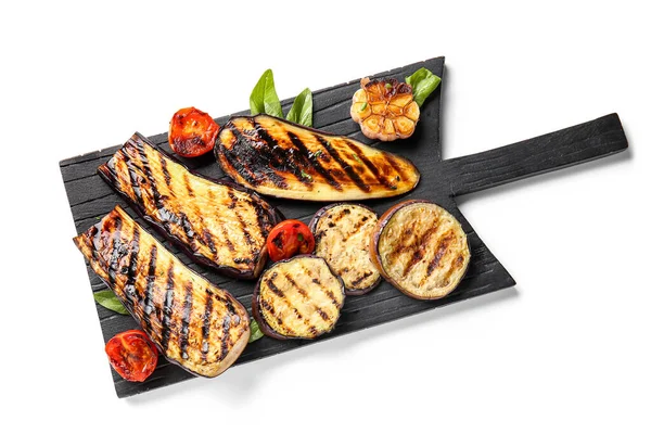 Board Delicious Grilled Eggplants Tomatoes White Background Top View — Stock Photo, Image
